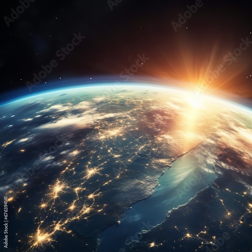 Sunrise above planet Earth as seen from space. Beautiful golden sunrise over the planet Earth. Our Blue Planet earth in space with sun over horizon. 3D rendering.