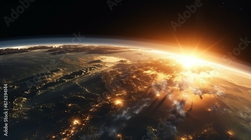 Planet Earth with sunrise and city lights. Earth from space. Globalization concept. Night part of Earth as seen from space. AI generated illustration