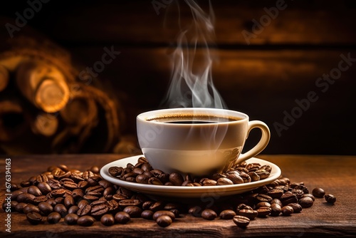 Steaming cup of coffee with coffee beans and a rustic wooden background.