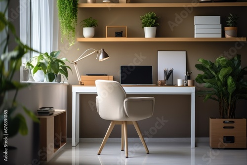 Stylish home office with minimalist desk setup and indoor plants.