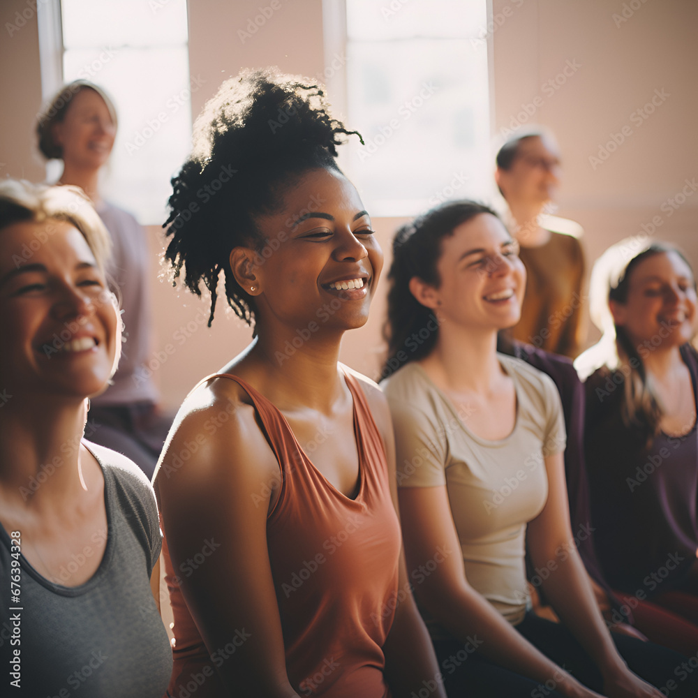 Women of diverse races come together in a yoga studio to learn how to perform exercises that help them collectively reduce stress and anxiety. - obrazy, fototapety, plakaty 