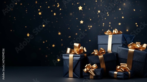 Image of shiny presents on navy blue background. create using a generative ai tool