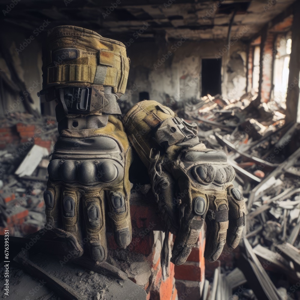 soldier clothing gloves accessories in the middle of a destroyed building