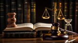 Close-up of a wooden gavel in a judge. Wooden gavel in court with book background