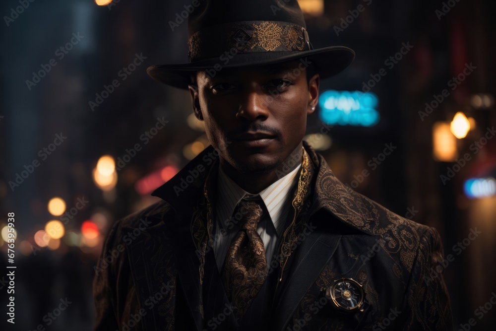 African man wearing suit and hat with night background