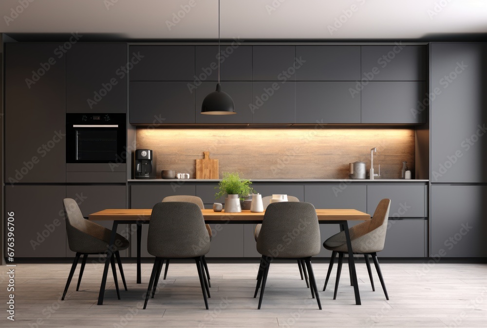 Fototapeta premium 3D rendering of a contemporary dark gray kitchen with white wood backsplash. Table with chairs