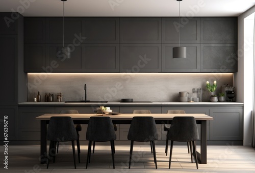 3D rendering of a contemporary dark gray kitchen with white wood backsplash. Table with chairs