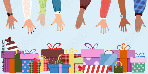 Diverse human hands reaching out for gift boxes. Christmas presents, celebration receive surprise concept. Sale and discount offer for customers. Colorful flat Vector illustration.