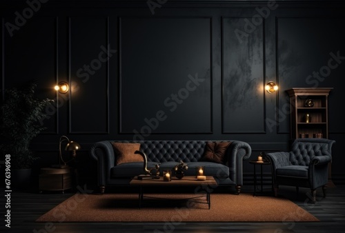 Interior background of a cozy dark living room