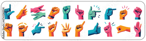 Set design of hands, arm gestures, human hand pointing and fist vector flat set photo