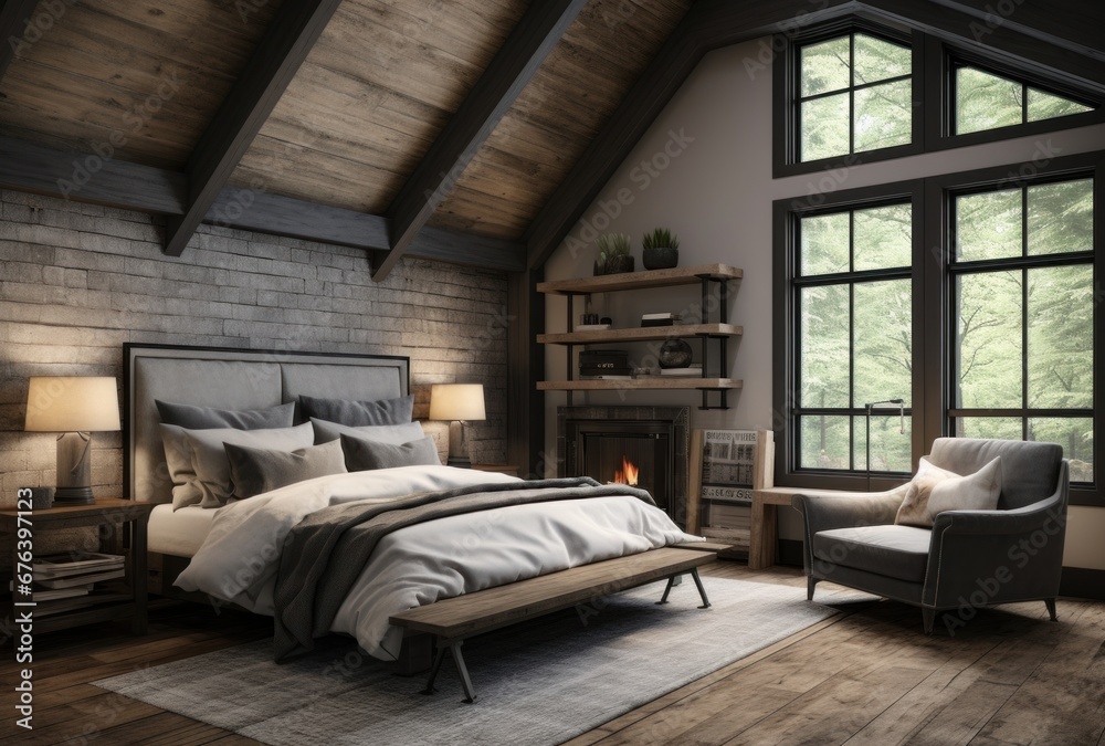 Obraz premium Dark attic master bedroom with large windows. Luxurious studio apartment in loft style in dark colors