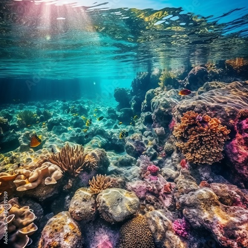 Underwater view of the rocks and coral reef in the Mediterranean Sea. Beautiful seascape with turquoise sea water. Composition of nature. Beautiful seascape with crystal clear water. 3d render