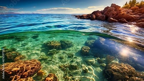 Underwater view of the rocks  in the Mediterranean Sea.  Beautiful seascape with turquoise sea water. Composition of nature. Beautiful seascape with crystal clear water. 3d render © Valua Vitaly
