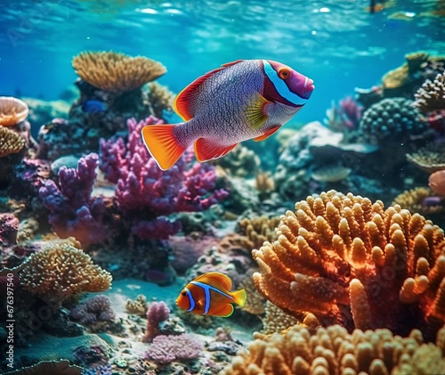 Wallpaper Mural Tropical fish in the Red Sea. Egypt. Colorful coral reef with tropical fish in the ocean. Underwater world. AI generated illustration. Closeup multicolored tropical fish in crystal clear azure water Torontodigital.ca