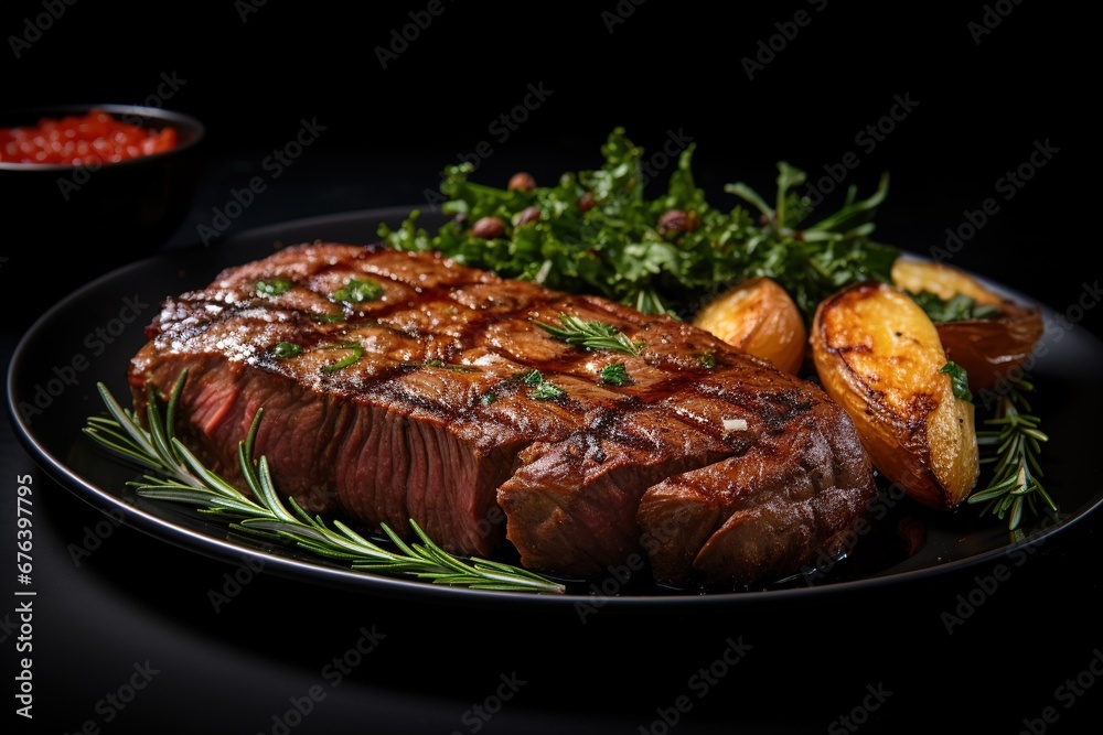 Grilled beef steak with baked potatoes and herbs on a black plate, Ai Generated