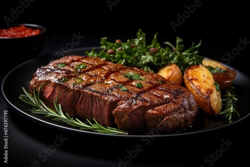 Grilled beef steak with baked potatoes and herbs on a black plate, Ai Generated