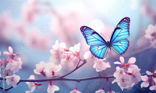 Fluttering blue butterfly and pink cherry or sakura blossom branch in sunlight. Floral spring concept for background, banner or greeting card with copy space © ratatosk