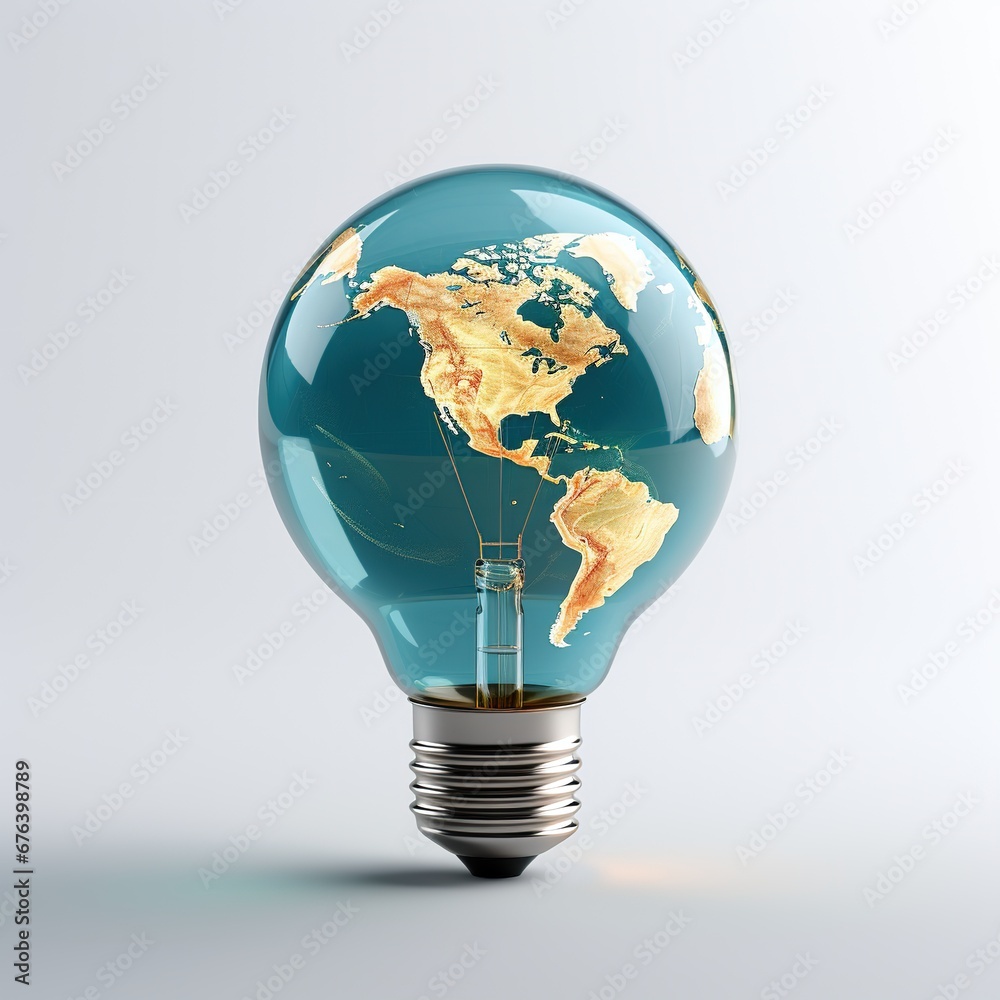 Lightbulb with world map inside, 3d render, Conceptual image, Ai Generated