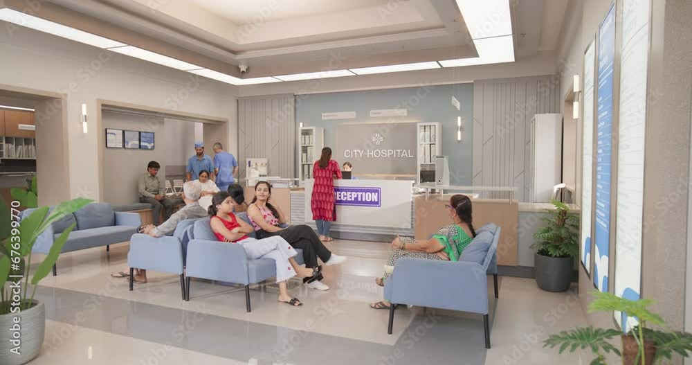 Wide Establishing Shot of Active Local Indian Health Clinic Lobby, Representing Modern and Advanced Healthcare Services with Nurses and Doctors. Diverse Patients Waiting in Reception Hall in Hospital
