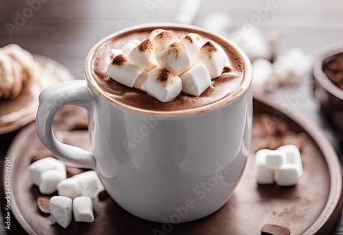 Mug of hot chocolate with whipped cream and marshmallows