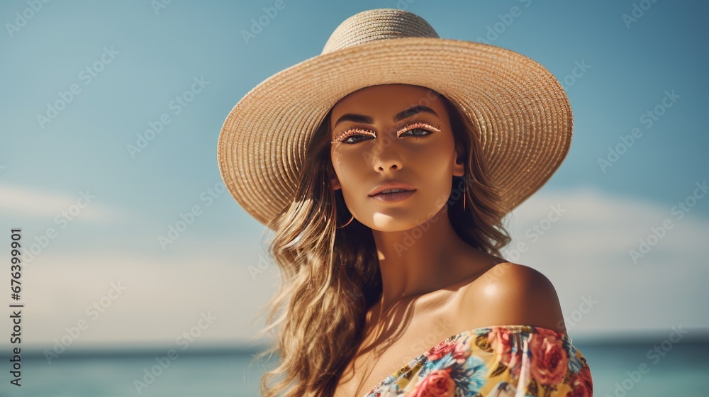  a woman wearing a hat on the beach with the ocean in the background.  generative ai