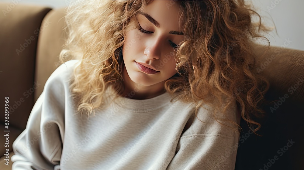 a woman sitting on a couch with her head resting on her hand. generative ai a woman sitting on a couch with her head resting on her hand. generative ai
