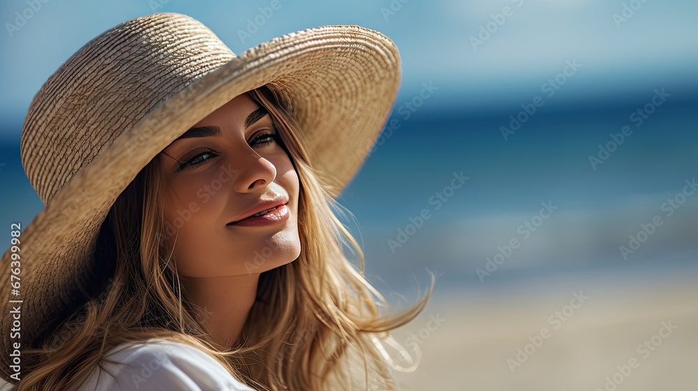  a woman wearing a hat on a beach near the ocean.  generative ai