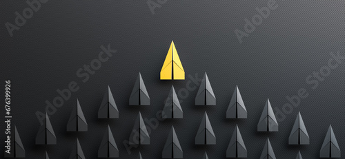 Leadership concept, yellow leader plane leading black planes, on black background with empty copy space. 3D Rendering