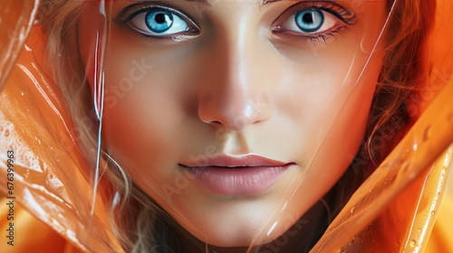  a close up of a woman with blue eyes and orange hair. generative ai