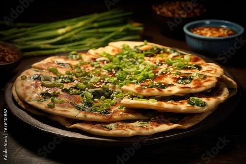  a plate of flat bread with green vegetables on top of it. generative ai