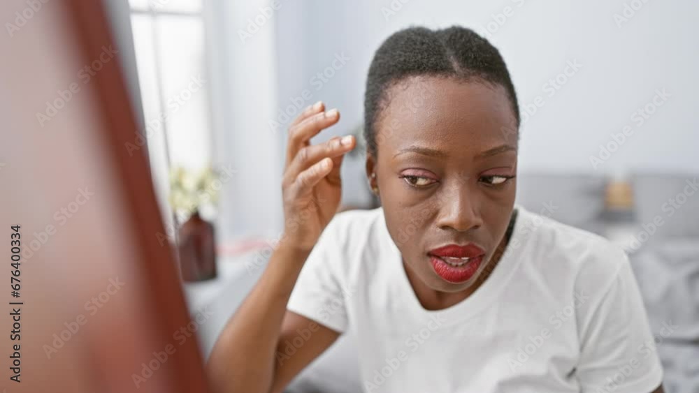 African American Woman Lying On The Bed Pointing Unhappy To Pimple On