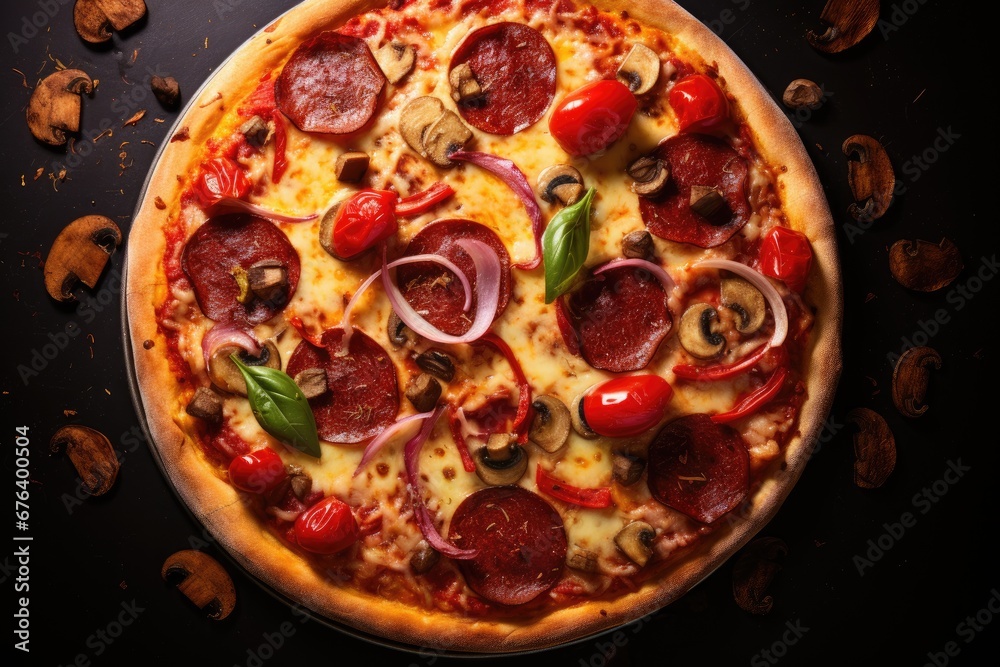  a pizza with pepperoni, onions, mushrooms and peppers.  generative ai