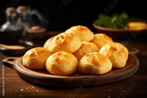  a plate of bread rolls on a wooden table next to a bowl of greens.  generative ai