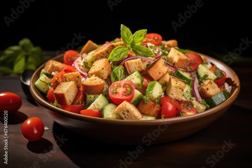 a salad with tomatoes, cucumbers, and croutons.  generative ai