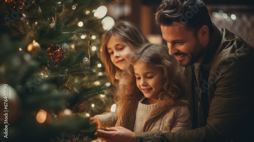 Christmas celebration. happy family, father and kids looking at decorated Xmas tree 