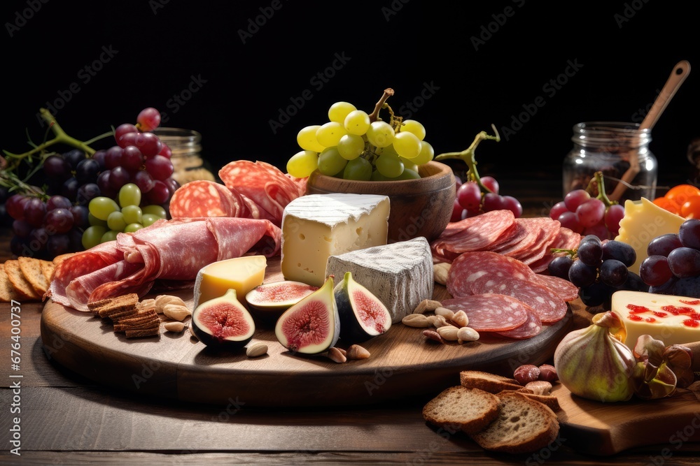  a plate of cheese, meats, and fruit on a table.  generative ai