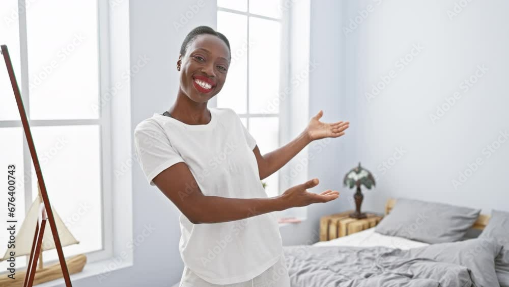 Welcoming smile, african american woman lying in bed, inviting you to enter her natural, comfortable bedroom Welcoming smile, african american woman lying in bed, inviting you to enter her natural, comfortable bedroom