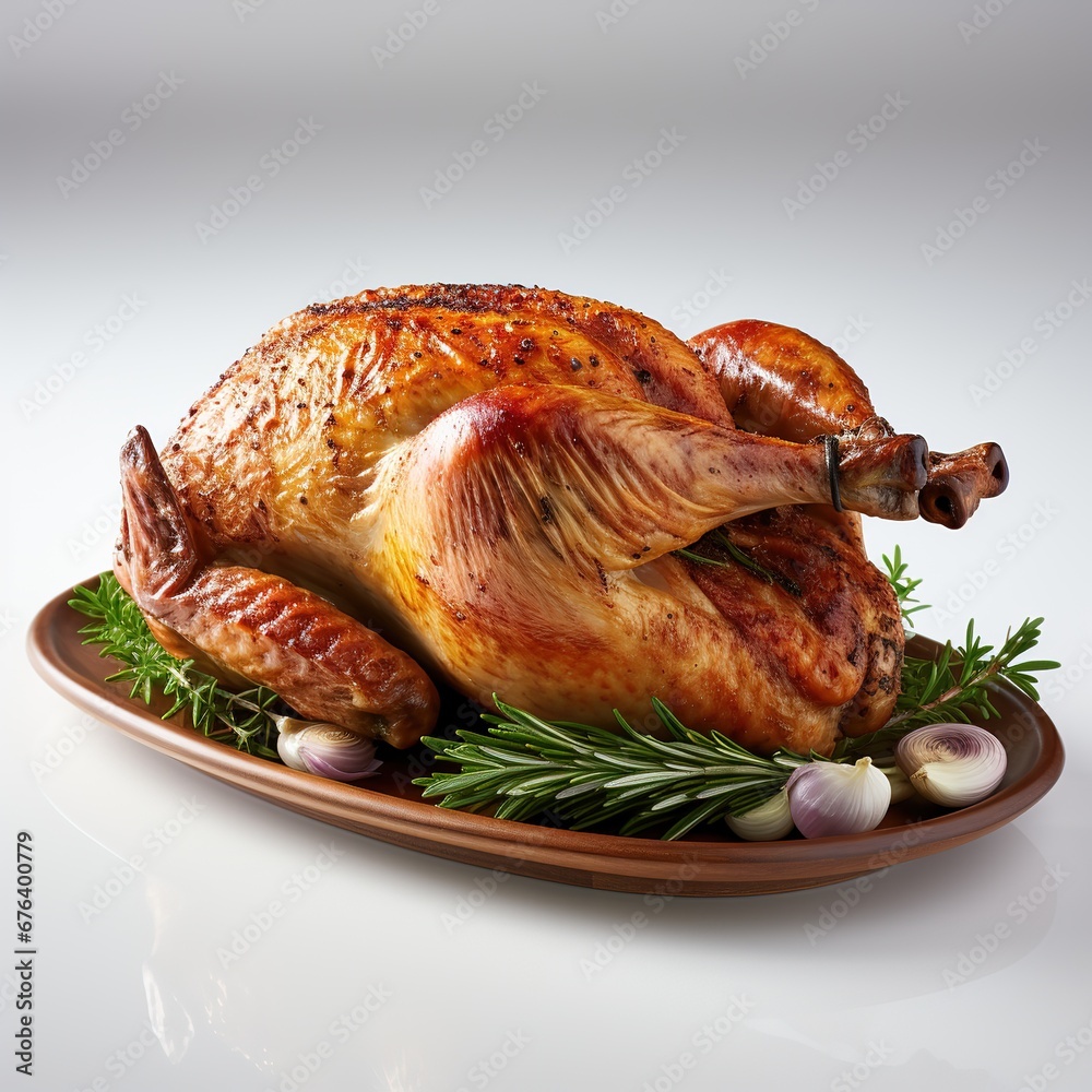 Roasted whole chicken with rosemary and garlic on a white background, AI Generated Roasted whole chicken with rosemary and garlic on a white background, AI Generated