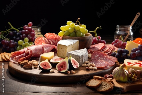 a plate of cheese  meats  and fruit on a table.  generative ai