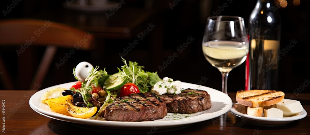 At the white themed restaurant they served refreshing water ice cold beer and a variety of dishes including fish meat salad with juicy tomatoes and tender steak accompanied by a selection of