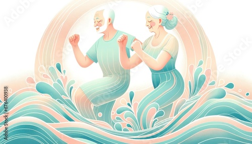 Elderly individuals blissfully participating in water aerobics, illustrated in warm pastels with a touch of fantasy. 