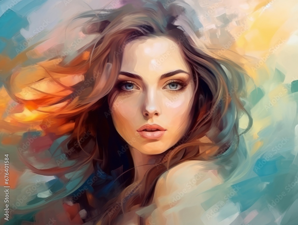 Fashion portrait of a beautiful sensual girl with makeup a painted by oil.  Digital painting art. Colorful oil portrait of an Attractive face of an young brown-haired woman. Sensual young lady.