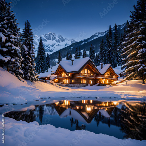 night winter village in alps © DragoNika