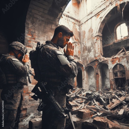 people pray in the middle of a destroyed building. war background