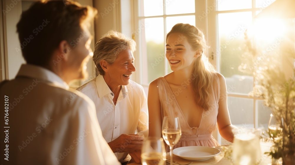 Happy family at dinner, cozy soft light room Happy family at dinner, cozy soft light room