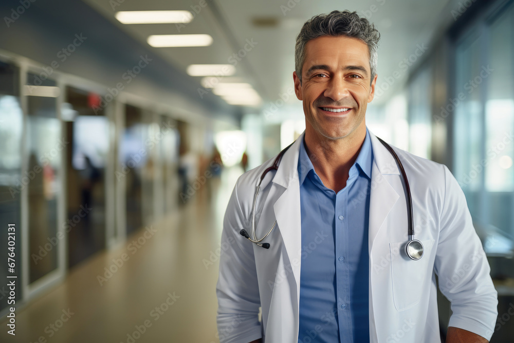 Fototapeta premium Cheerful Doctor Stands Tall with Crossed Arms in Clinic Corridor