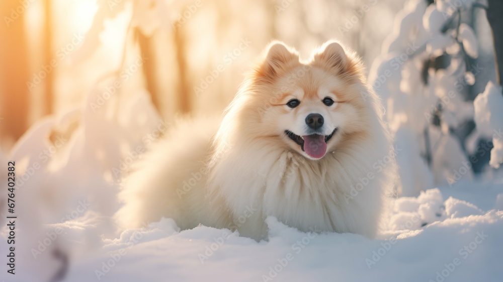 Portrait of happy dog on the soft light snow field