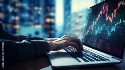 Financial Expert Analyzing Stock Market Trends: Close-Up of a Person's Hand Operating a Laptop, Displaying Graphs and Charts