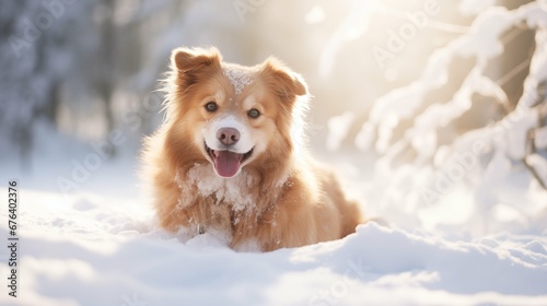 Portrait of happy dog on the soft light snow field © thesweetsheep
