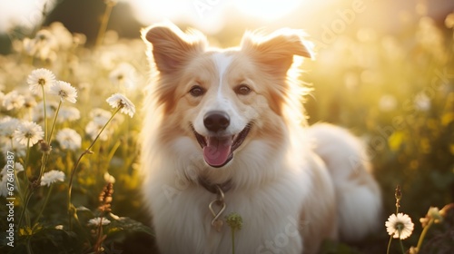 Portrait of happy dog on the soft light field © thesweetsheep